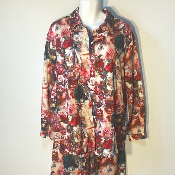 Pretty Little Thing SZ 10 Silky romantic floral 2pc loungewear set comfy loose - Picture 1 of 9